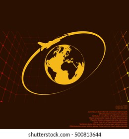 Airplane fly around the planet Earth. Logo.