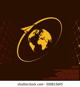 Airplane fly around the planet Earth. Logo.