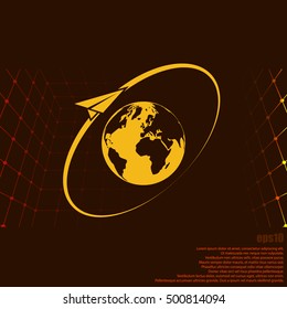 Airplane fly around the planet Earth. Logo.
