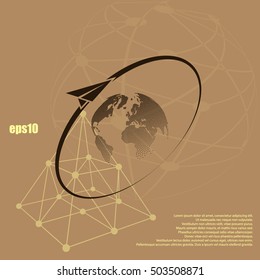 Airplane fly around the planet Earth. Logo.