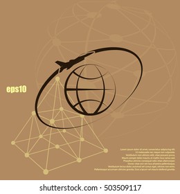Airplane fly around the planet Earth. Logo.