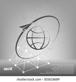 Airplane fly around the planet Earth. Logo.