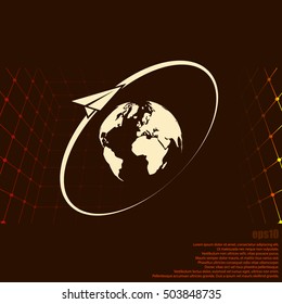 Airplane fly around the planet Earth. Logo.