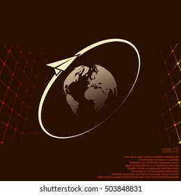 Airplane fly around the planet Earth. Logo.