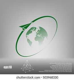Airplane fly around the planet Earth. Logo.