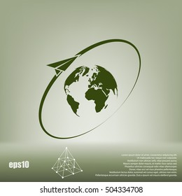 Airplane fly around the planet Earth. Logo.