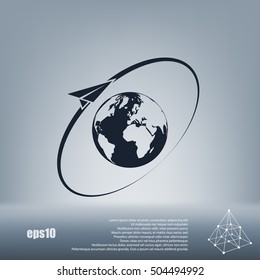 Airplane fly around the planet Earth. Logo.