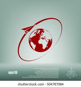 Airplane fly around the planet Earth. Logo.