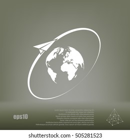 Airplane fly around the planet Earth. Logo.