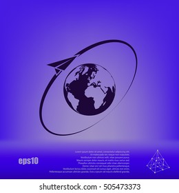 Airplane fly around the planet Earth. Logo.
