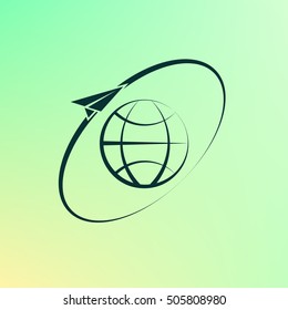 Airplane fly around the planet Earth. Logo.