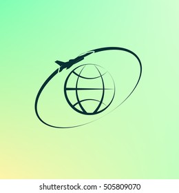 Airplane fly around the planet Earth. Logo.