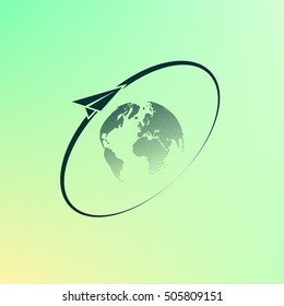 Airplane fly around the planet Earth. Logo.