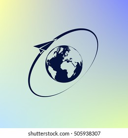 Airplane fly around the planet Earth. Logo.