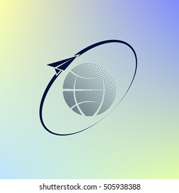 Airplane fly around the planet Earth. Logo.