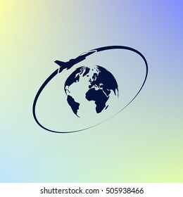 Airplane fly around the planet Earth. Logo.