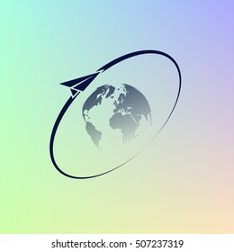 Airplane fly around the planet Earth. Logo.