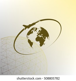 Airplane fly around the planet Earth. Logo.
