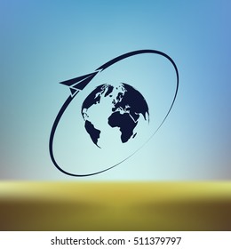 Airplane fly around the planet Earth. Logo.