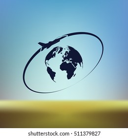 Airplane fly around the planet Earth. Logo.