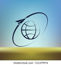 Airplane fly around the planet Earth. Logo.