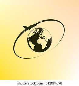 Airplane fly around the planet Earth. Logo.