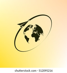 Airplane fly around the planet Earth. Logo.