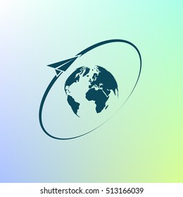 Airplane fly around the planet Earth. Logo.