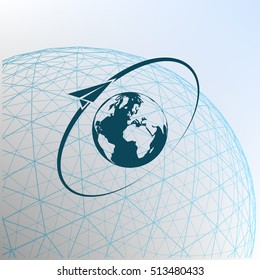 Airplane fly around the planet Earth. Logo.