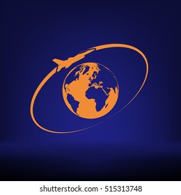 Airplane fly around the planet Earth. Logo.