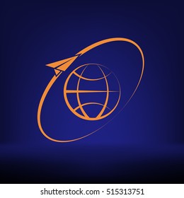 Airplane fly around the planet Earth. Logo.