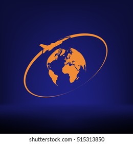 Airplane fly around the planet Earth. Logo.