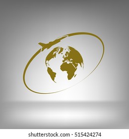 Airplane fly around the planet Earth. Logo.