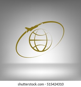 Airplane fly around the planet Earth. Logo.