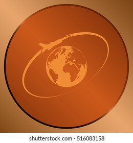 Airplane fly around the planet Earth. Logo.