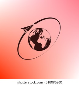 Airplane fly around the planet Earth. Logo.