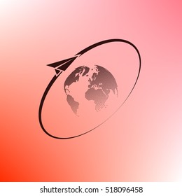 Airplane fly around the planet Earth. Logo.