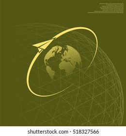 Airplane fly around the planet Earth. Logo.