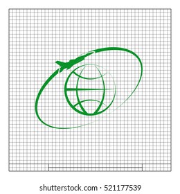 Airplane fly around the planet Earth. Logo.