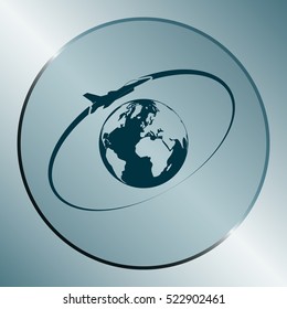 Airplane fly around the planet Earth. Logo.