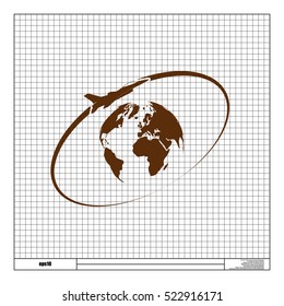 Airplane fly around the planet Earth. Logo.