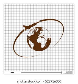 Airplane fly around the planet Earth. Logo.