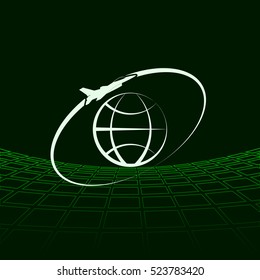 Airplane fly around the planet Earth. Logo.