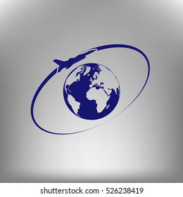 Airplane fly around the planet Earth. Logo.