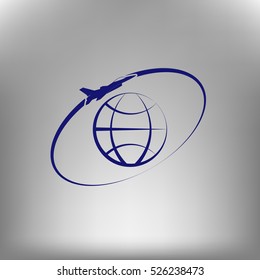 Airplane fly around the planet Earth. Logo.