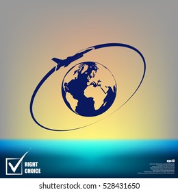 Airplane fly around the planet Earth. Logo.