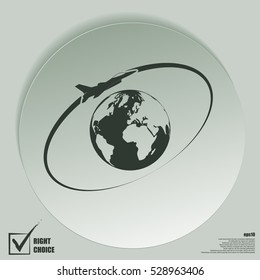 Airplane fly around the planet Earth. Logo.
