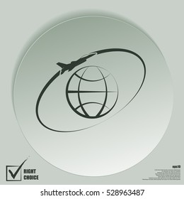 Airplane fly around the planet Earth. Logo.