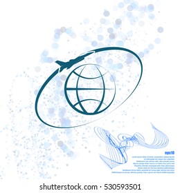 Airplane fly around the planet Earth. Logo.