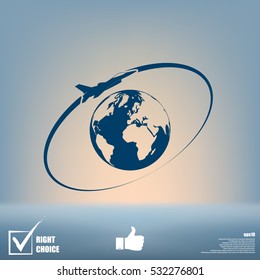Airplane fly around the planet Earth. Logo.